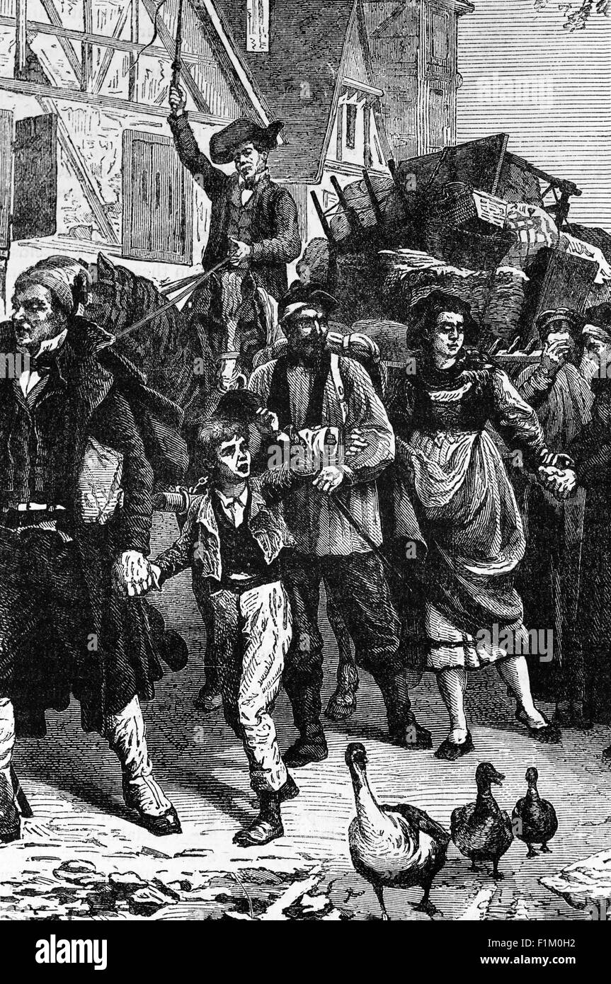 Un'illustrazione del 19 ° secolo della rifugia, contadini locali alsaziani, in fuga a Strasburgo, in Francia intorno al tempo della Battaglia di Wœrth o Woerth, combattuto nella fase iniziale della guerra franco-prussiana nell'agosto 1870, a nord di Strasburgo, nella Francia nord-orientale. Foto Stock