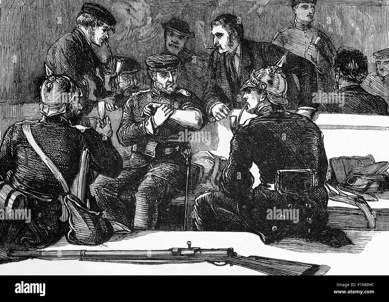 Le truppe tedesche ritornano dalla guerra franco-prussiana del 1870-1871. Un conflitto causato principalmente dalla determinazione della Francia a ripristinare la sua posizione dominante nell'Europa continentale, che aveva perso a seguito della schiacciante vittoria della Prussia sull'Austria nel 1866. Foto Stock