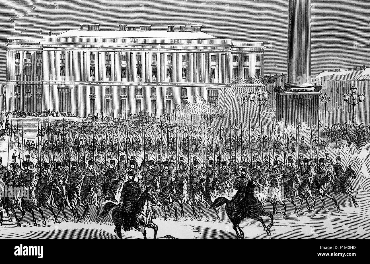 Manovre militari russe del XIX secolo. L'Esercito Imperiale Russo era la forza armata terrestre dell'Impero Russo, attiva dal 1721 circa alla Rivoluzione Russa del 1917. All'inizio del 1850, l'esercito russo consisteva di più di 900,000 soldati regolari e di quasi 250,000 irregolarità (per lo più cosacchi) Foto Stock