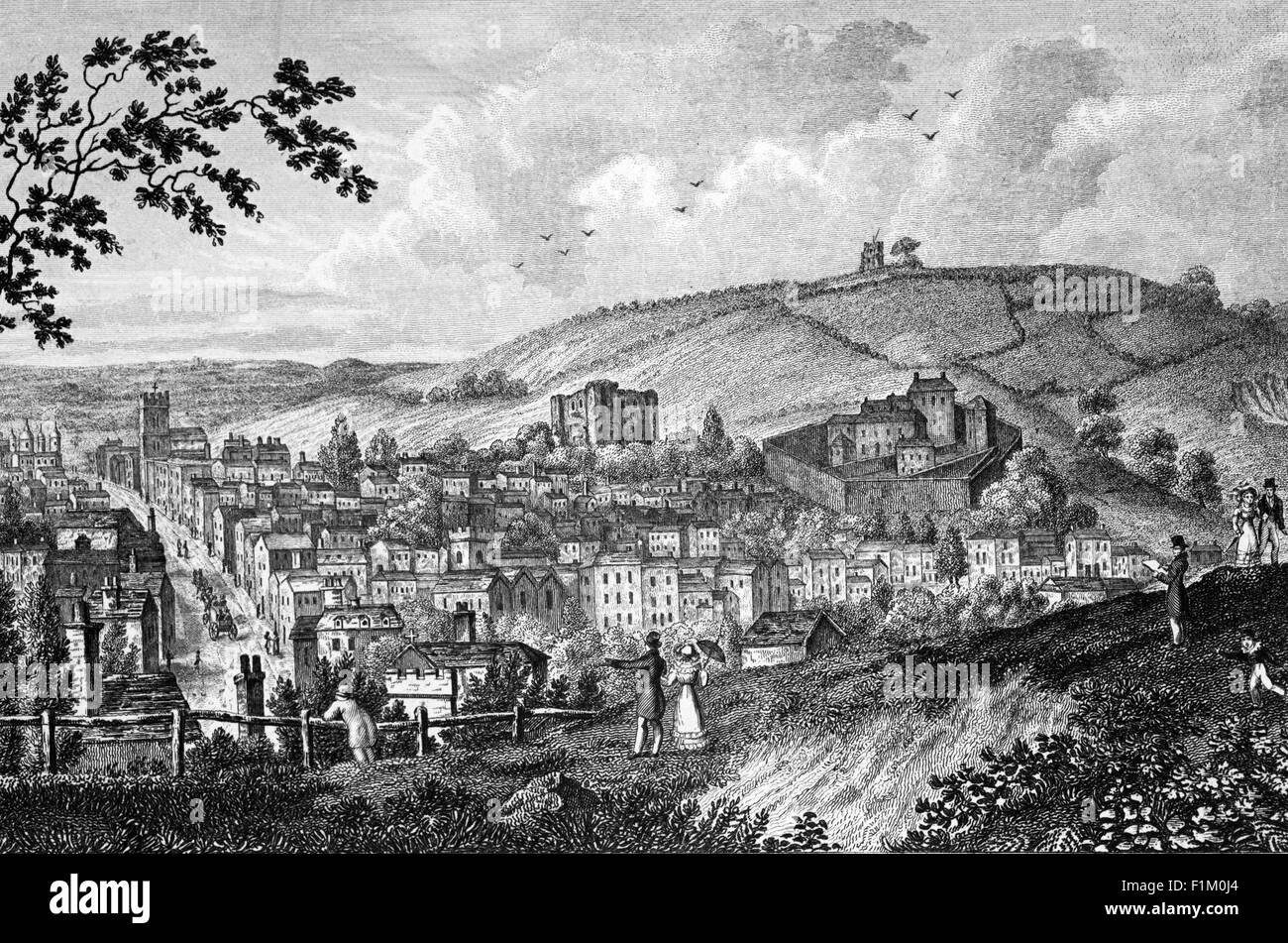 Una vista del 19 ° secolo di Guildford, County Town of Surrey, Inghilterra. La città ha radici sassone e storici attribuire la sua posizione all'esistenza di un divario nel North Downs, dove il fiume Wey è stato forgiato dalla Harrow Way. Nel 978 d.C. fu sede di un'antica zecca inglese reale. L'edificio della Wey Navigation e del canale di Basingstoke nel XVII e XVIII secolo, rispettivamente, collegarono Guildford ad una rete di corsi d'acqua che aiutarono la sua prosperità. Foto Stock