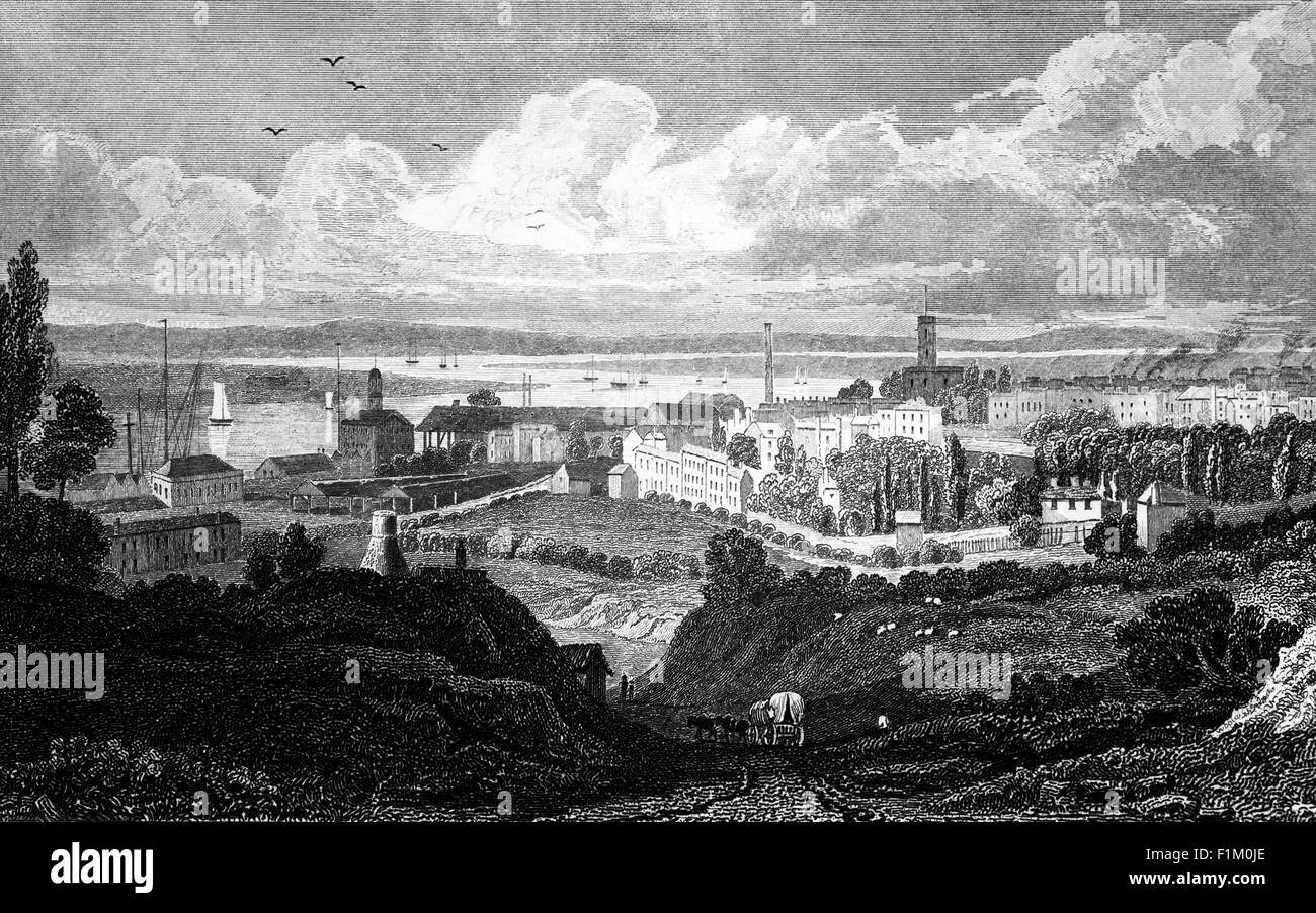 Una vista distante del diciannovesimo secolo del Royal Arsenal, Woolwich sulla riva sud del Tamigi a Woolwich nel sud-est di Londra, Inghilterra. Originariamente era conosciuto come Woolwich Warren, avendo iniziato sulla terra precedentemente usata come una Warren domestica nei terreni di una casa di Tudor, Tower Place. Gran parte della storia iniziale del sito è legata a quella dell'Ufficio di Ordnance, che ha acquistato la Warren alla fine del 17 ° secolo per espandere una base precedente a Gun Wharf in Woolwich Dockyard. Nel corso dei due secoli successivi, il sito si espanse massicciamente. Foto Stock