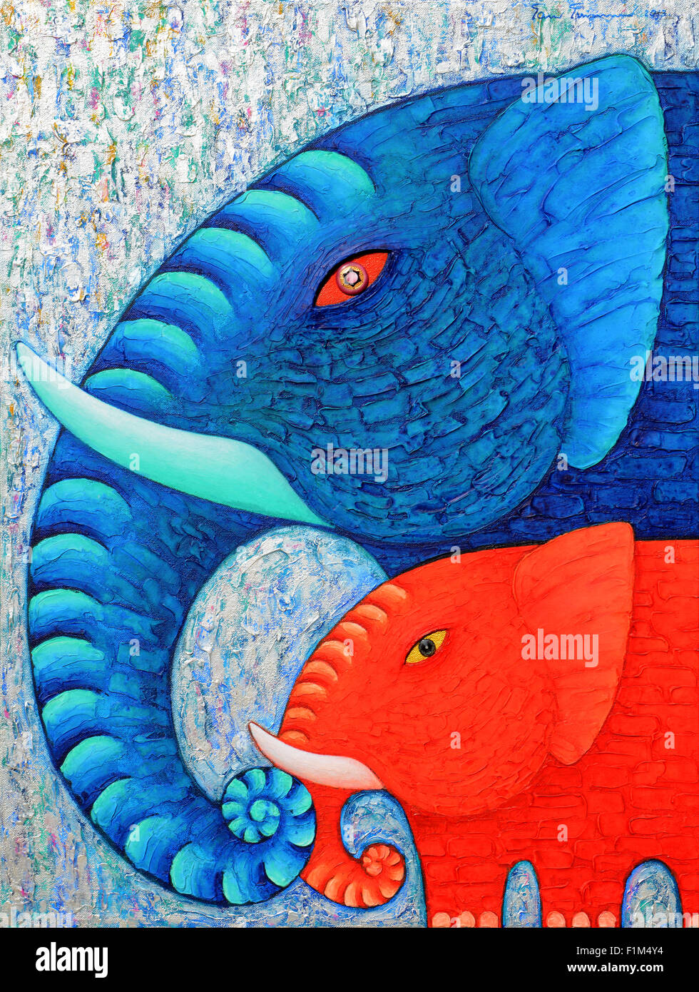 Red e Blue Elephant 2, originale pittura acrilica su tela di canapa. Foto Stock