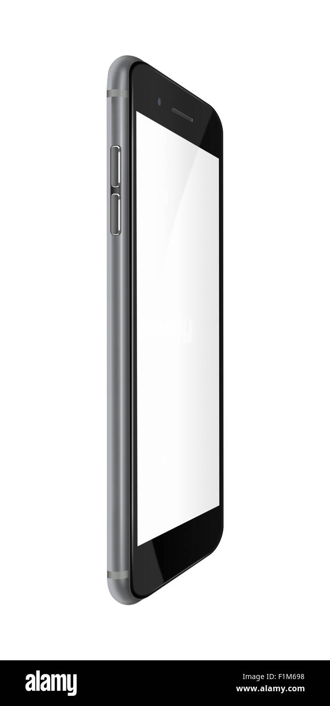 Elegante telefono dello smartphone realistico con schermo vuoto isolato su sfondo bianco. Altamente dettagliata illustrazione. Foto Stock