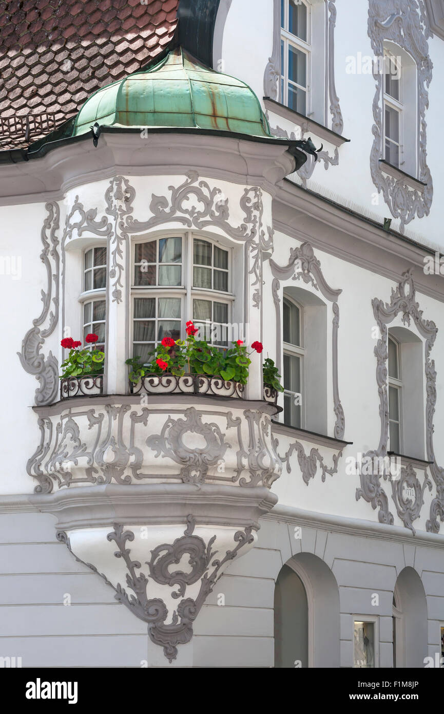 Oriel di 1772 middle-class house, Georgenstraße 33, Amberg, Alto Palatinato, Baviera, Germania Foto Stock