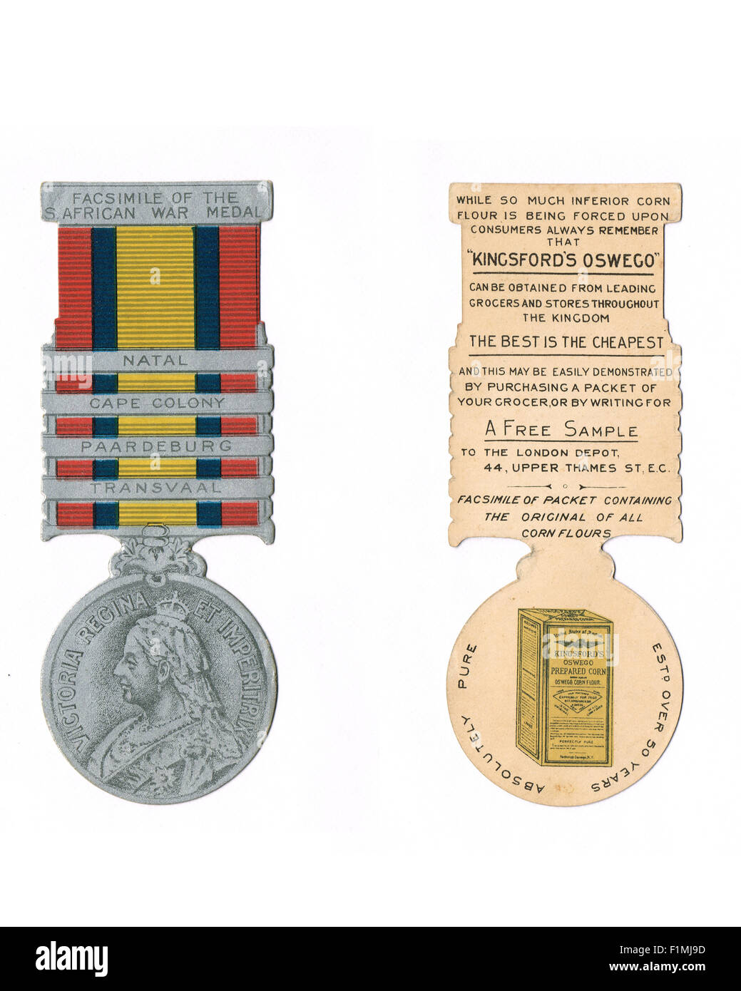 Novità Kingsford's Oswego Advert Guerra Sudafricana medaglia circa 1900 Foto Stock