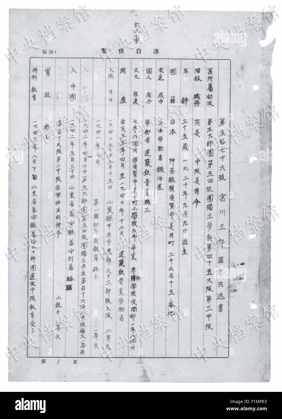 (150904) -- PECHINO, Sett. 4, 2015 (Xinhua) -- foto rilasciata il 7 settembre 3, 2015 Dagli archivi di Stato Amministrazione della Cina sul suo sito web mostra un estratto dal giapponese criminale di guerra Saburo Miyagawa scritta della confessione. Gli Archivi di Stato Administration (ASA) della Cina ha pubblicato la confessione di Saburo Miyagawa giovedì. L'uomo, nato nel 1920, è entrato il giapponese le truppe di invasione nel 1942 ed è stato catturato in Cina nel mese di agosto 1945. Una confessione scritta a mano da Miyagawa descrive i soldati giapponesi' uccisione di 12 civili cinesi collettivamente usando bombe a mano in Oriente Cina Shandong Foto Stock