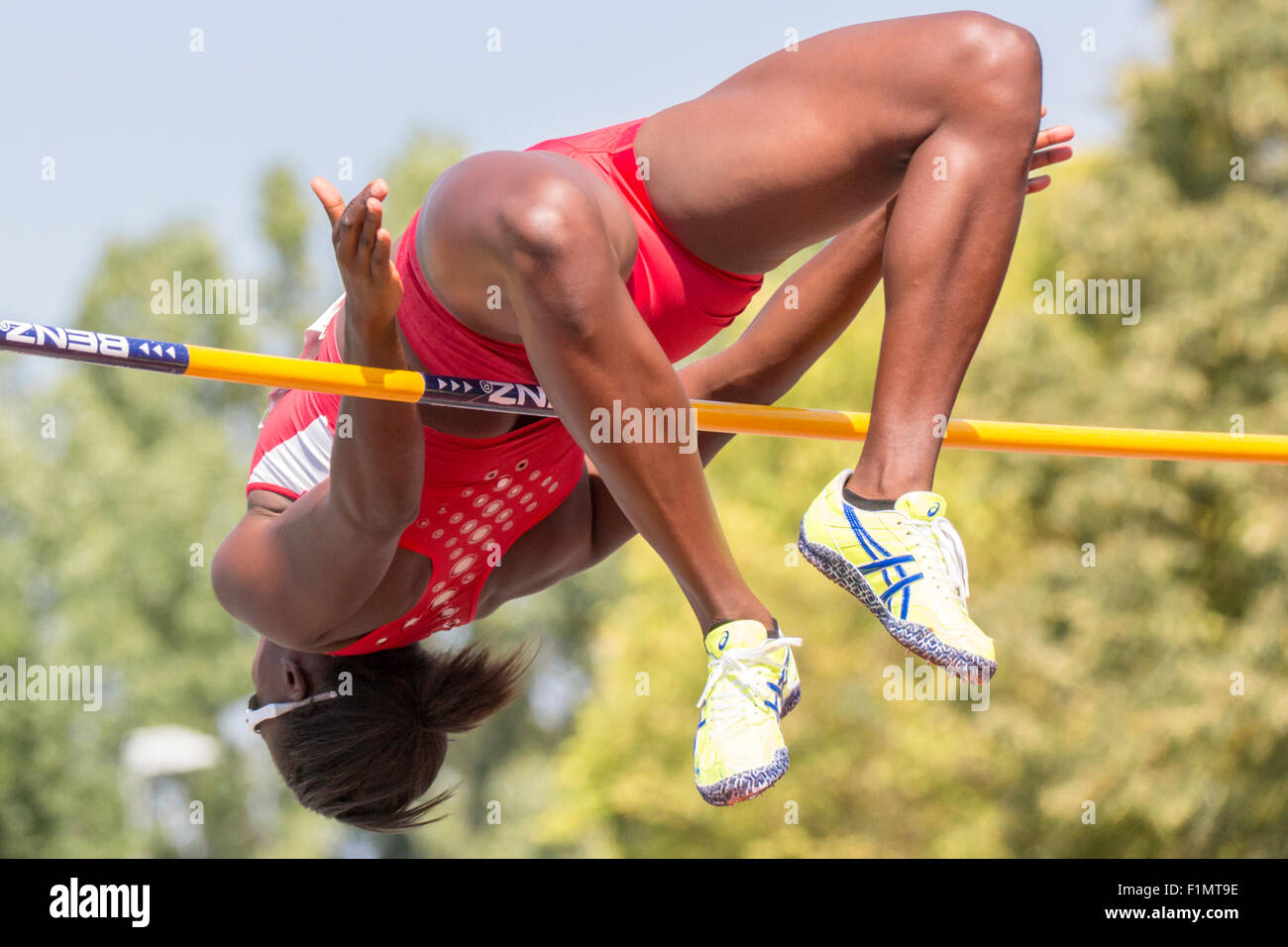 BERNHAUSEN, Germania - 08 agosto: l'immagine mostra il heptathlete Sharon Day-Monroe alto saltando a Thorpe Cup che è un Foto Stock