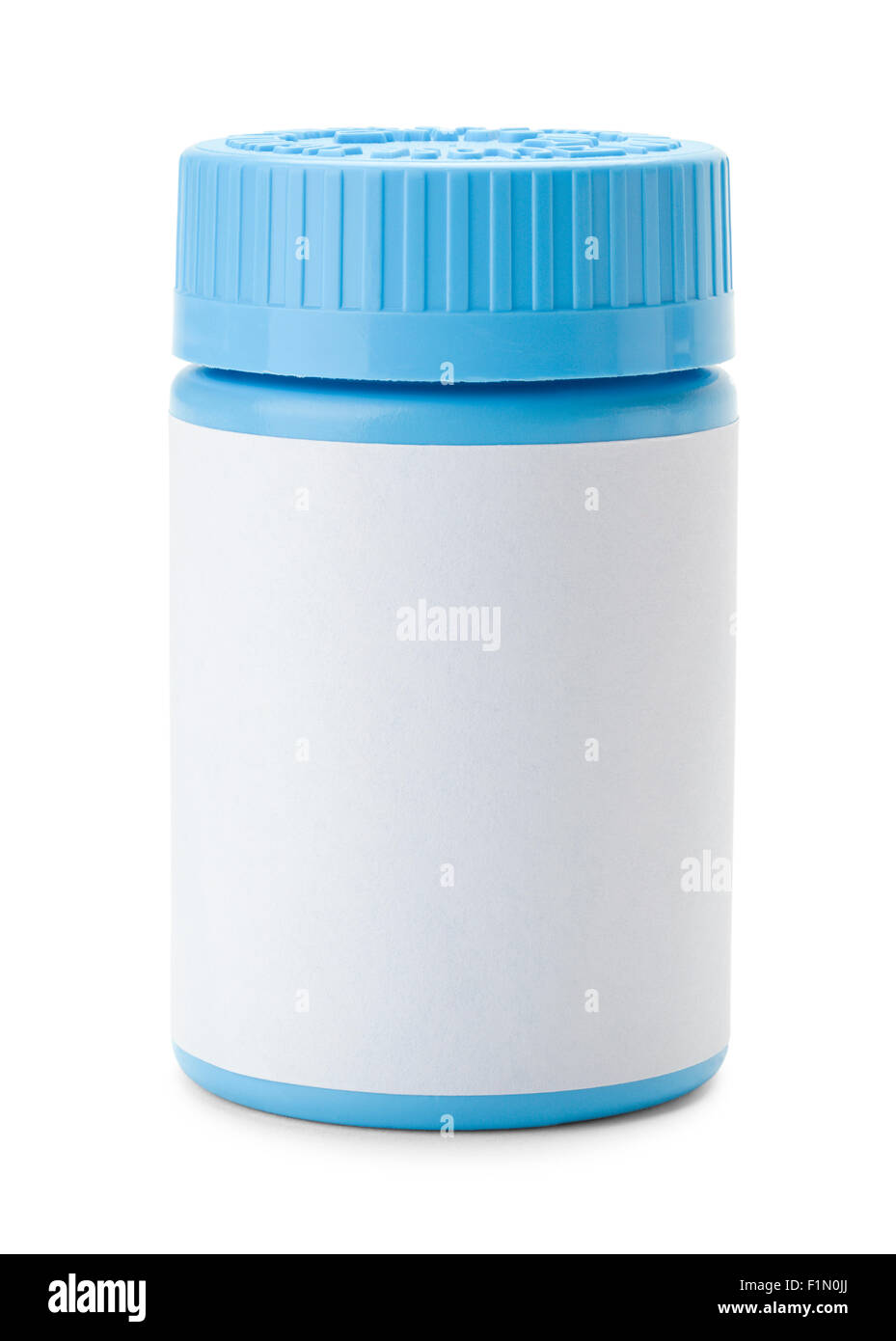 Medicina blu bottiglia con copia spazio isolato su sfondo bianco. Foto Stock