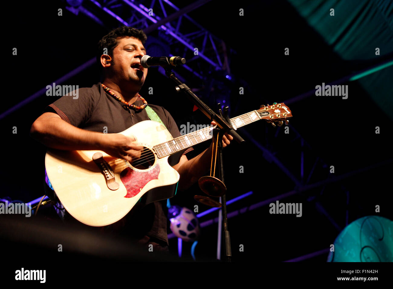 Il cantante Raghu dixit suonare dal vivo presso il festival di Storm 2014, Bangalore, India Foto Stock