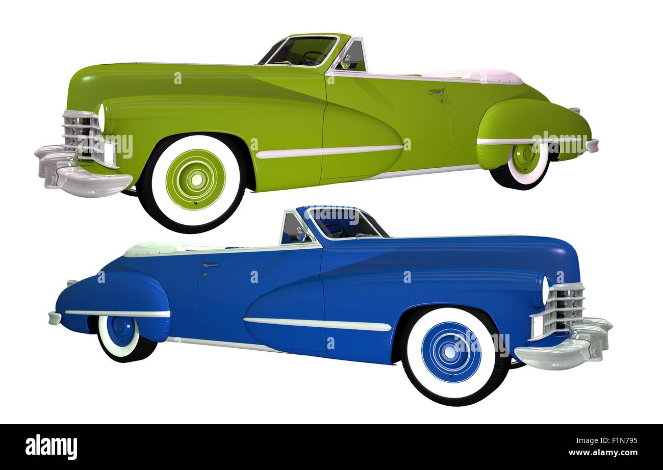 Due automobili classiche isolato su bianco. Il blu e il verde convertibile Oldtimers classico. Foto Stock