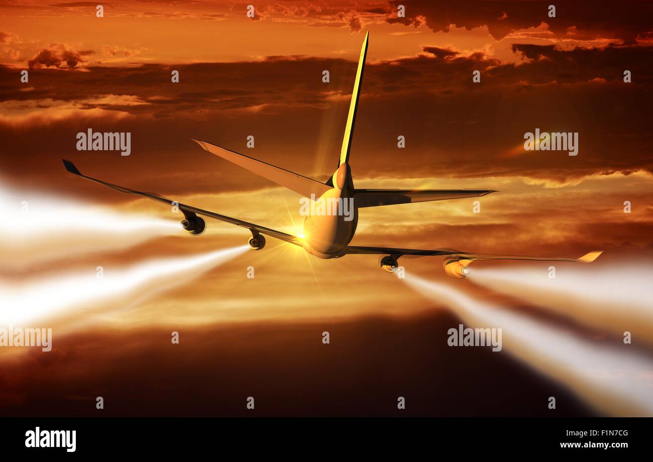 Four-Engine volo aereo di linea vista posteriore. Commerciale moderno aereo in volo al tramonto. Chemtrails. Foto Stock