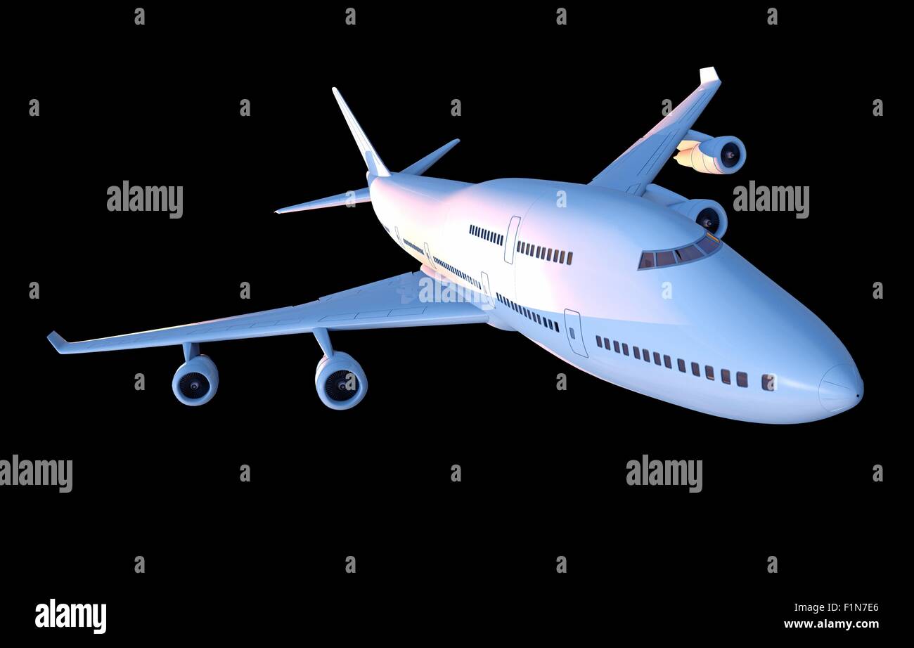 Velivolo Jet isolati su nero. Aeroplano 3D'illustrazione. Foto Stock