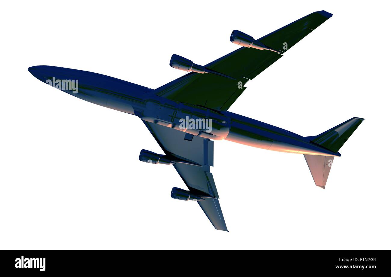 Aeroplano vista dal basso. Commerciale aereo passeggeri isolato su bianco. Foto Stock