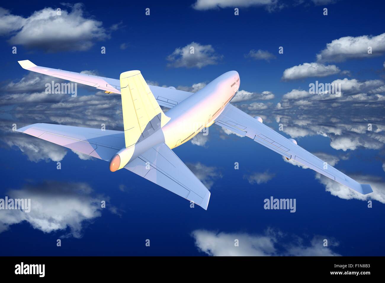 Volo in aeroplano illustrazione. Blu cielo nuvoloso e il passeggero commerciale aereo. Foto Stock