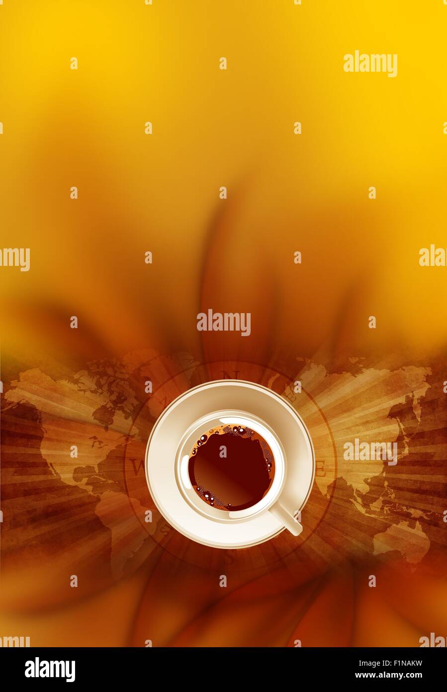 Caffè freddo mondo sfondo verticale con Vintage mappa del mondo, elementi floreali e la tazza di caffè. Copia spazio sopra. Foto Stock