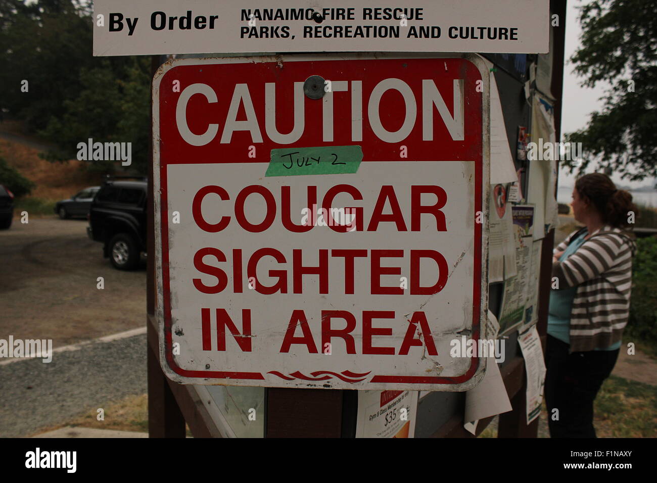 Cougar avvistamento di segnale di avvertimento in corrispondenza di un parco di Nanaimo nella British Columbia Foto Stock