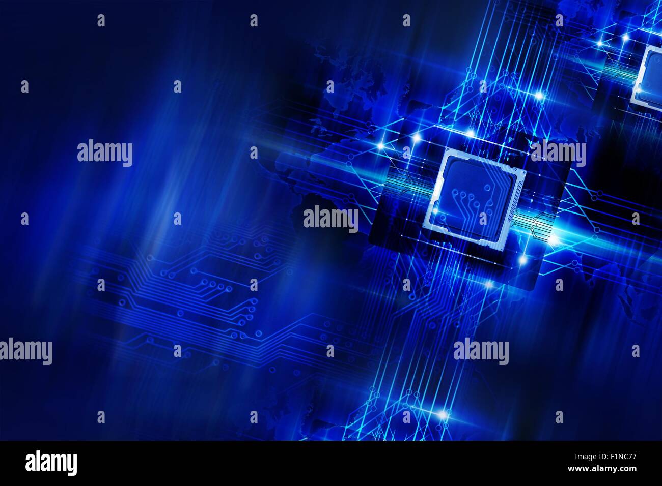 Nano tecnologia - Processori e scheda a circuito stampato. Cool blu brillante blu Laser tecnologia elementi di sfondo. Quantum Technology. Foto Stock