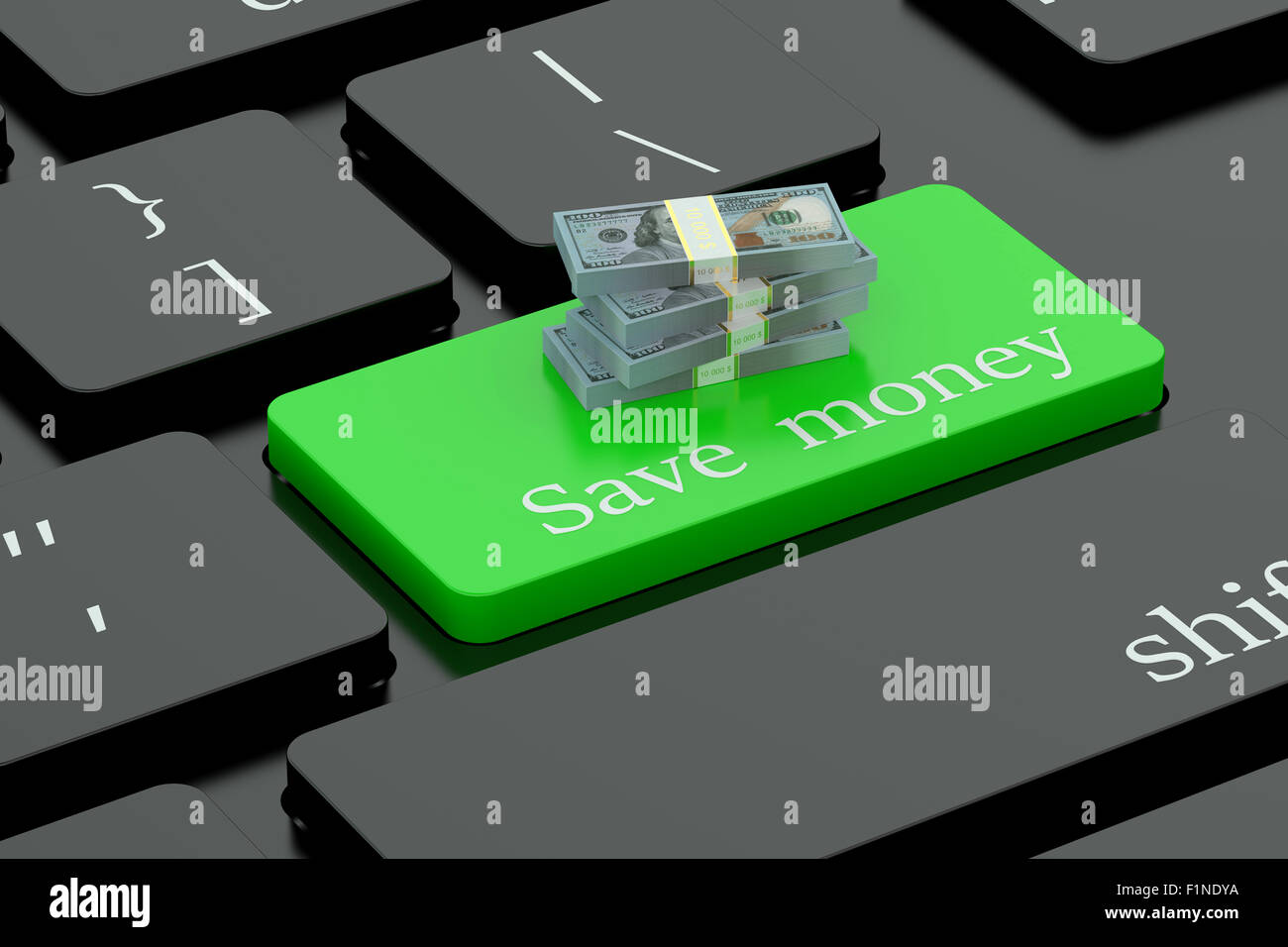 Risparmiare denaro sul verde pulsante della tastiera Foto Stock