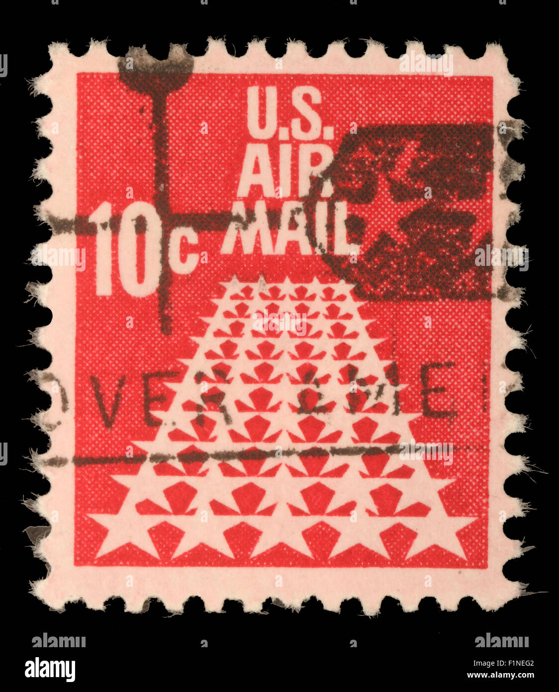 Stati Uniti francobollo del valore di 10c utilizzato per aria d'oltremare le consegne di posta che mostra la posta di aria simboli, circa 1968 Foto Stock