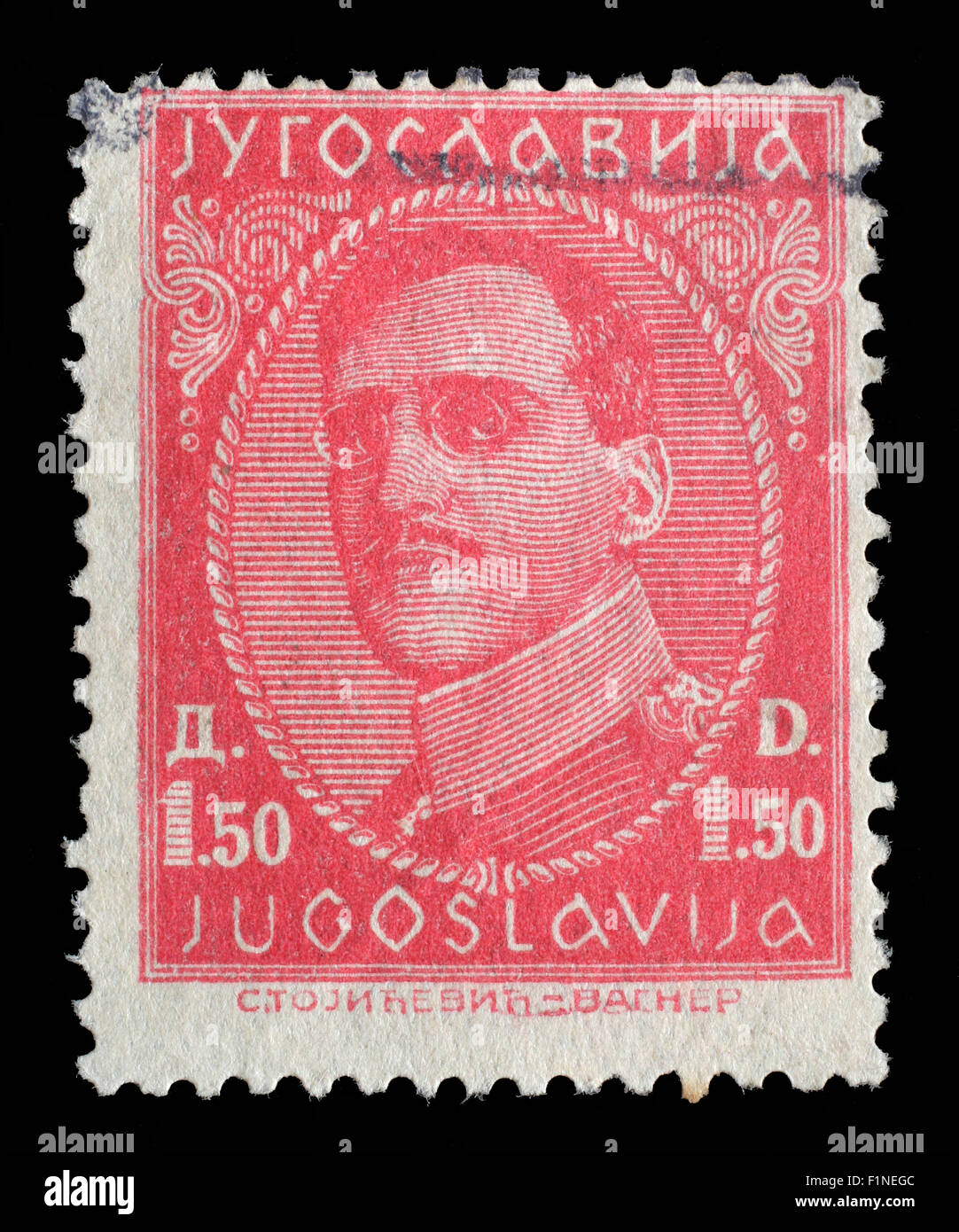 Timbro stampato in Jugoslavia mostra ritratto del re Alessandro I (1888-1934), a partire dalla serie re Alessandro I, circa 1932 Foto Stock