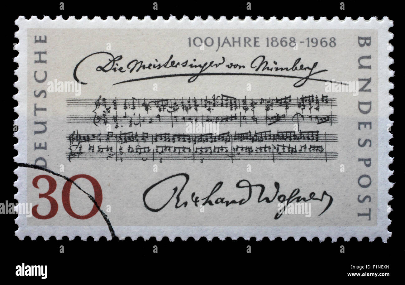 Timbro stampato in Germania mostra barre di apertura, Die Meistersinger von Nurnberg, da Richard Wagner, il centenario della prima esecuzione Foto Stock