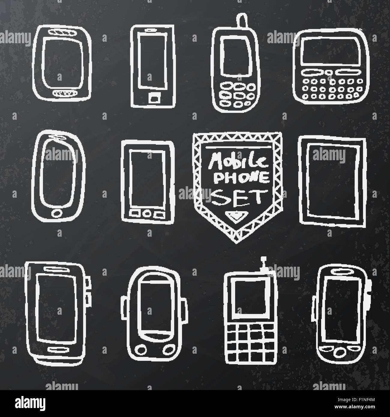 Disegnata a mano insieme di isolati gadget mobile sul gesso nero bordo. Illustrazione Vettoriale Illustrazione Vettoriale