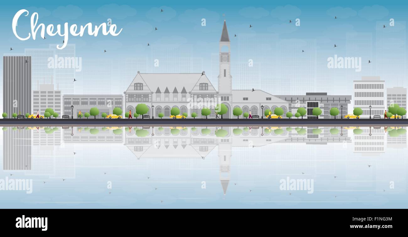 Cheyenne (Wyoming) Skyline con edifici grigi, cielo blu e riflessi. Illustrazione Vettoriale Illustrazione Vettoriale