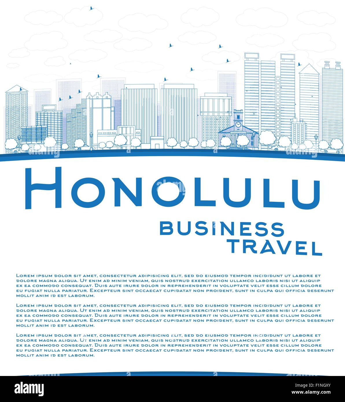Outline Hawaii Honolulu skyline con edifici blu e copia di spazio. Business travel concept. Illustrazione Vettoriale Illustrazione Vettoriale