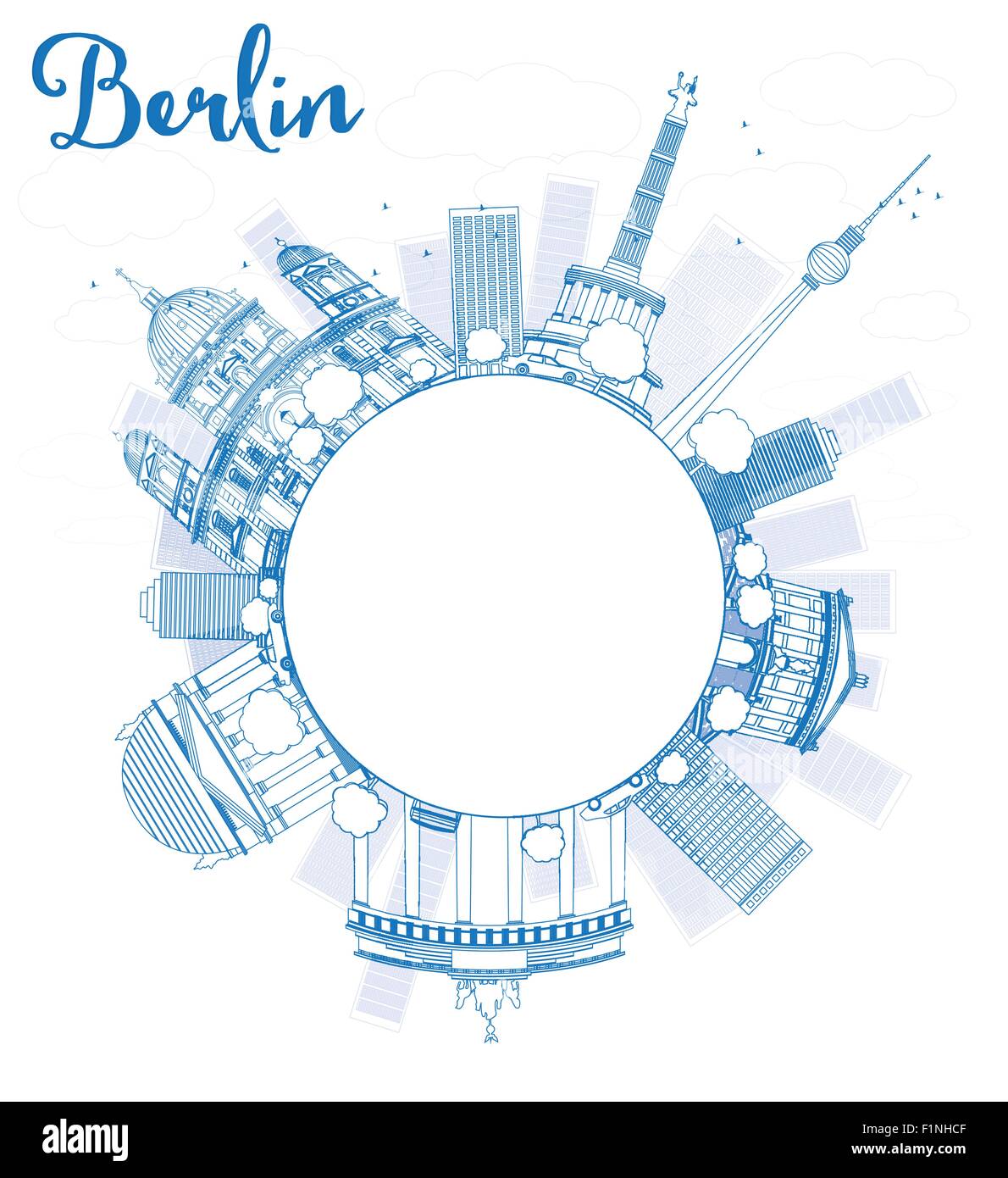 Lo skyline di Berlino con edificio blu e copia di spazio. Illustrazione Vettoriale Illustrazione Vettoriale