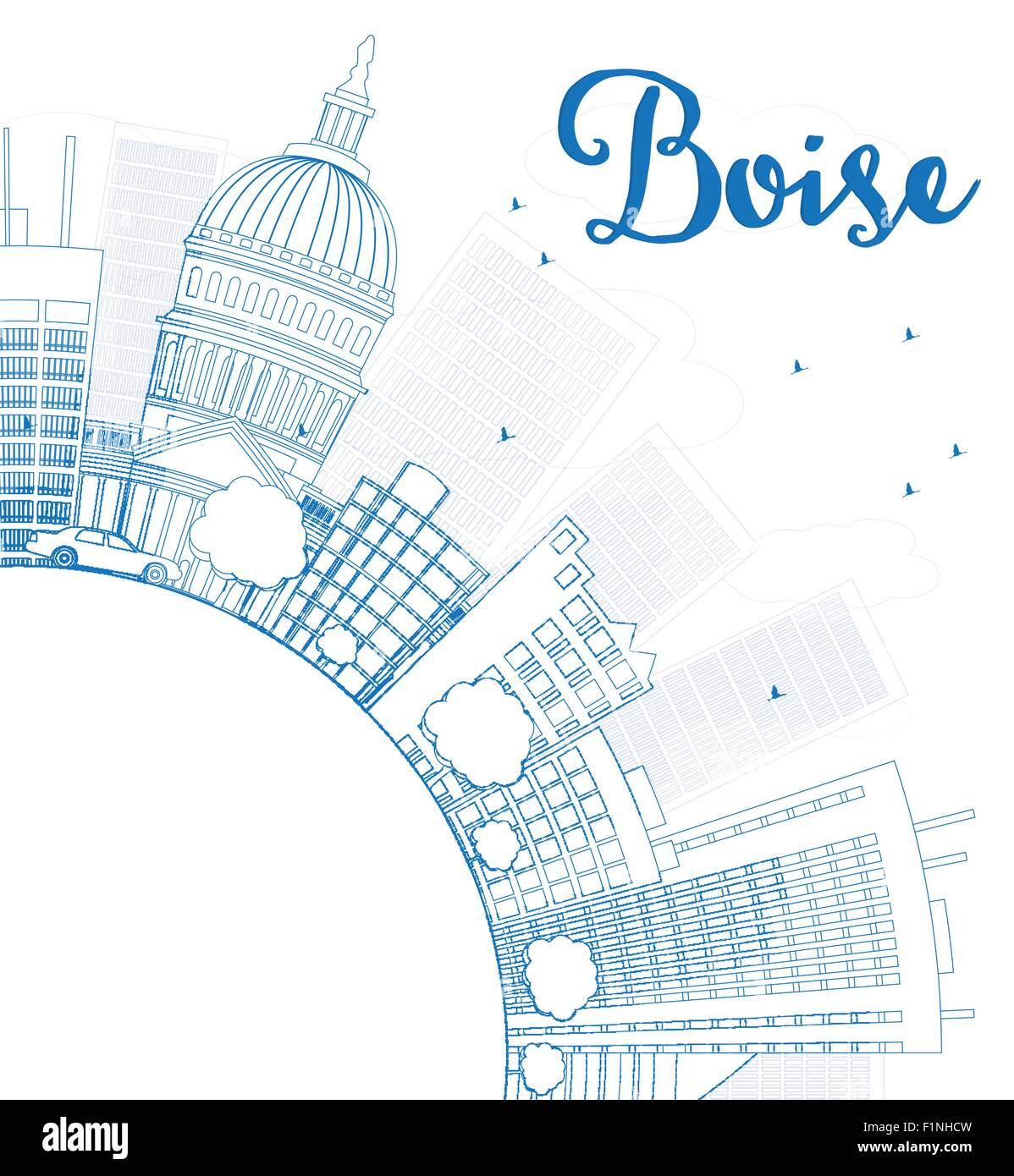 Delineare Boise Skyline con edificio blu e copia di spazio. Illustrazione Vettoriale Illustrazione Vettoriale