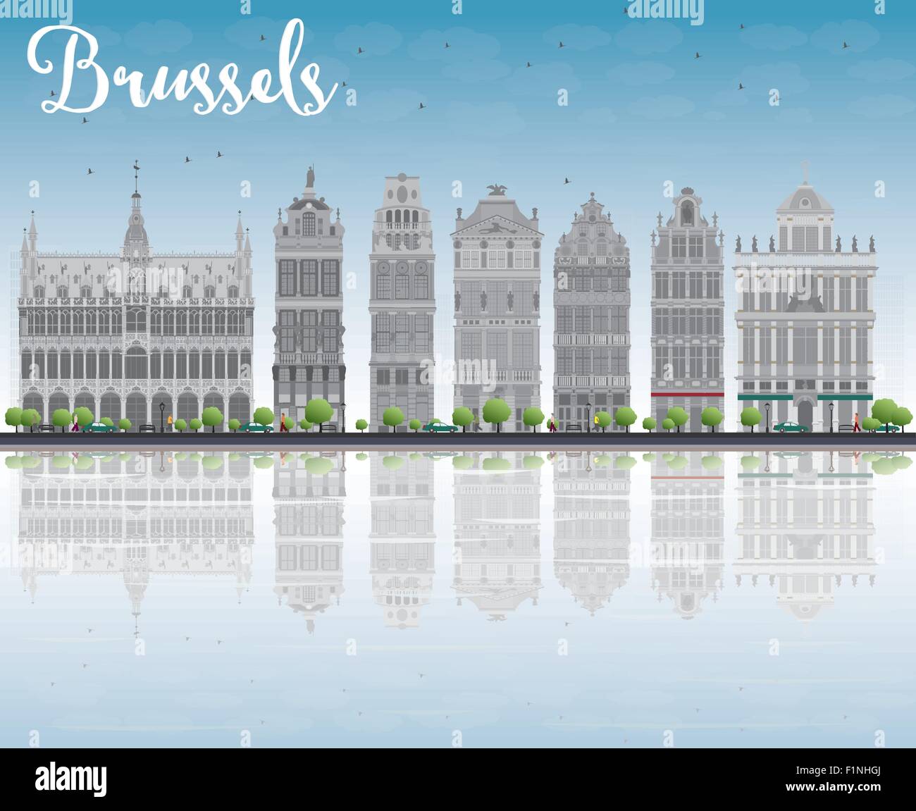 Bruxelles skyline con ornati edifici della Grand Place e riflessioni. Illustrazione Vettoriale Illustrazione Vettoriale