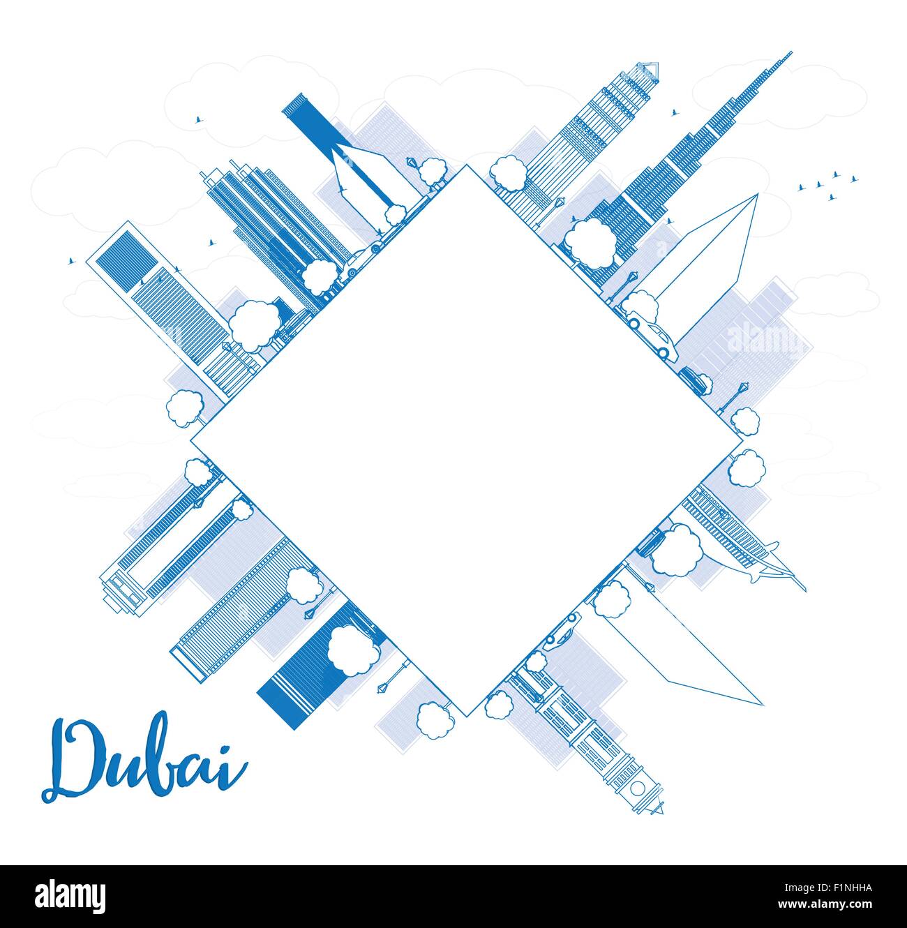 Dubai skyline della città con grattacieli blu e copia di spazio. Illustrazione Vettoriale Illustrazione Vettoriale