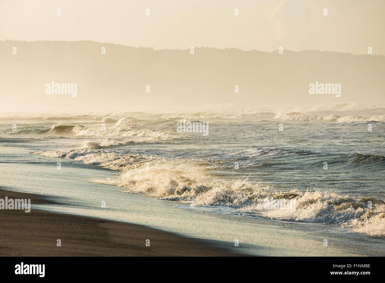 Le onde del mare nel nebbioso. La luce del mattino Foto Stock