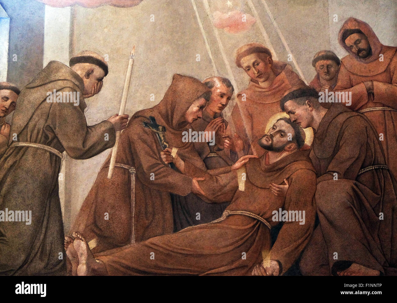 La morte di san Francesco di Assisi, affresco nella chiesa francescana di Annunciazione di Ljubljana, Slovenia Foto Stock