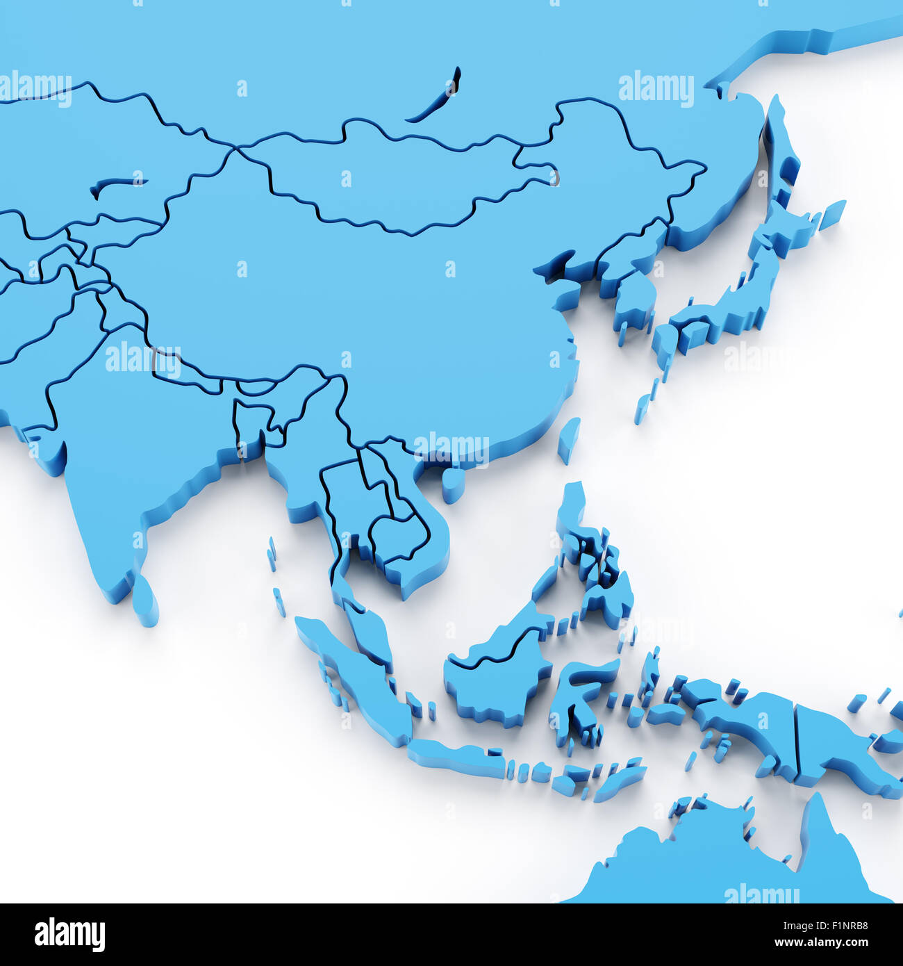 Mappa di estruso di Asia con i confini nazionali Foto Stock