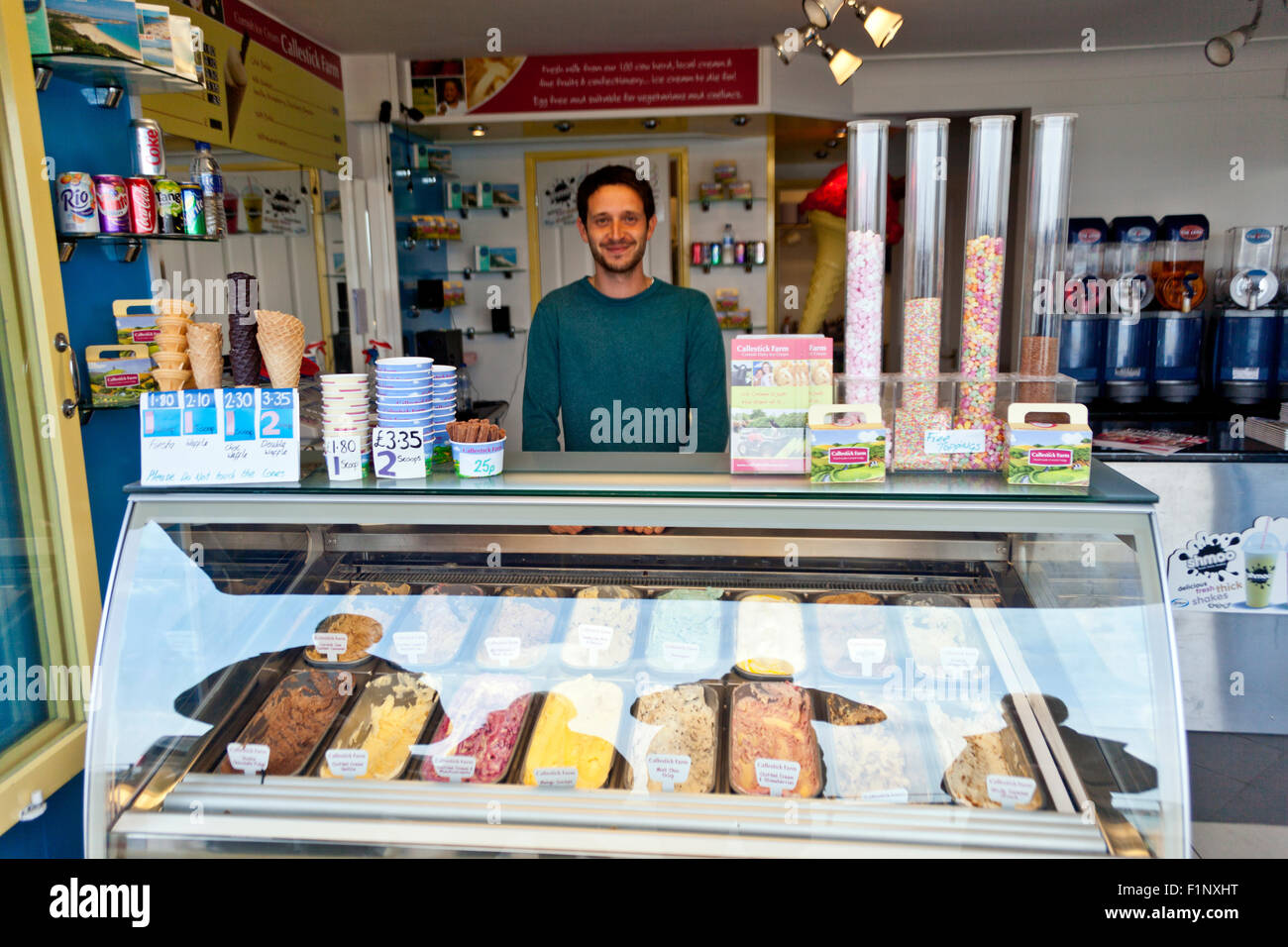 Insoliti e deliziosi gusti di gelato in vendita in St Ives Harbour, Cornwall, England, Regno Unito Foto Stock