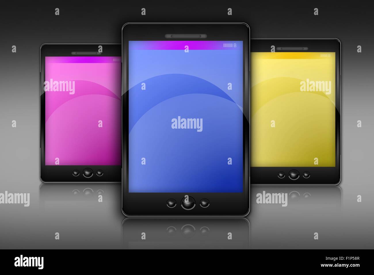 Tre Illustrazione degli smartphone. Sfondo in scala di grigi. Blu, giallo e rosa Visualizza. Gli smartphone moderni. Foto Stock