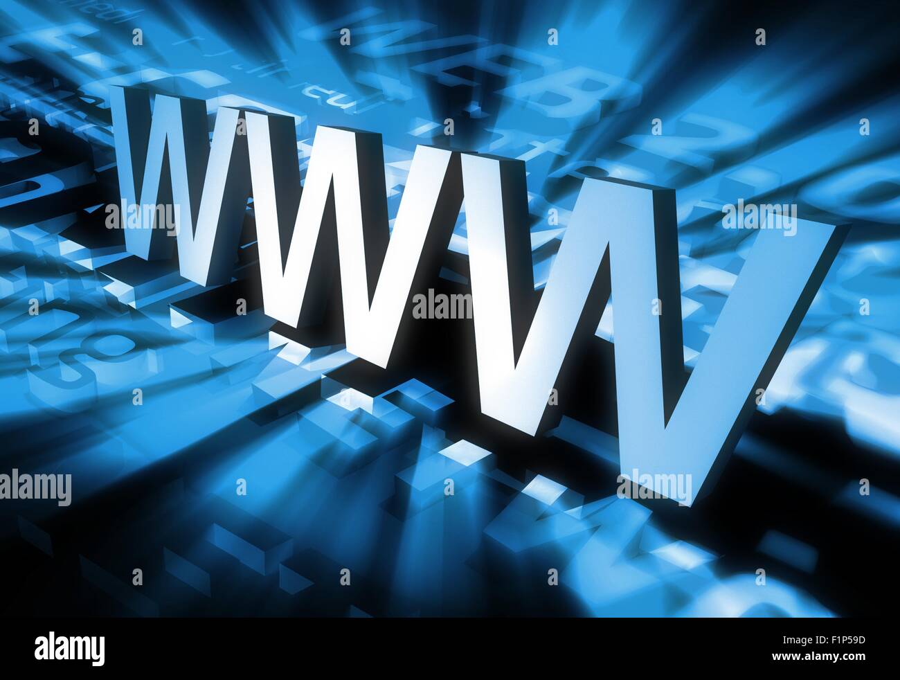 Cool WWW 3D Rendering del testo con il colore blu brillare e altri Web correlati 3D di parole sotto. Foto Stock