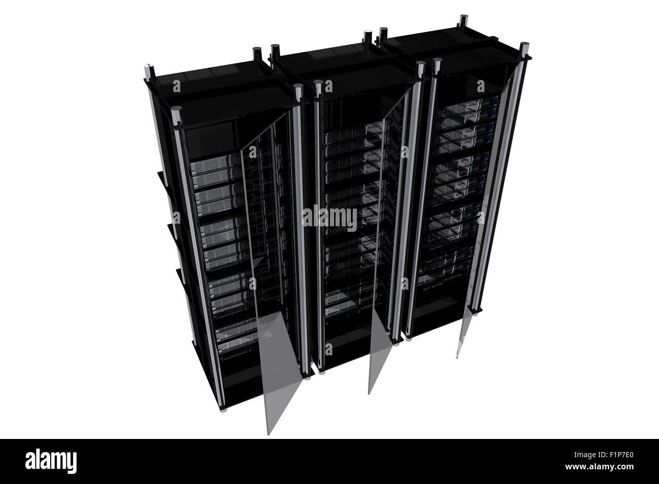 Moderno nero rack per server isolati su bianco. Foto Stock