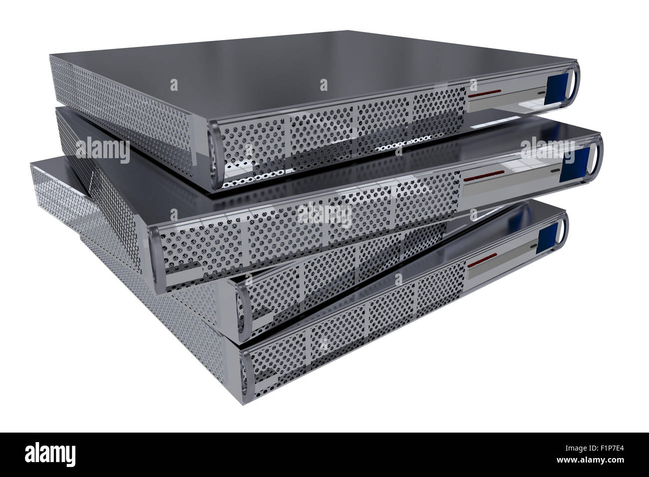 Quattro moderni computer server isolati su bianco. Foto Stock
