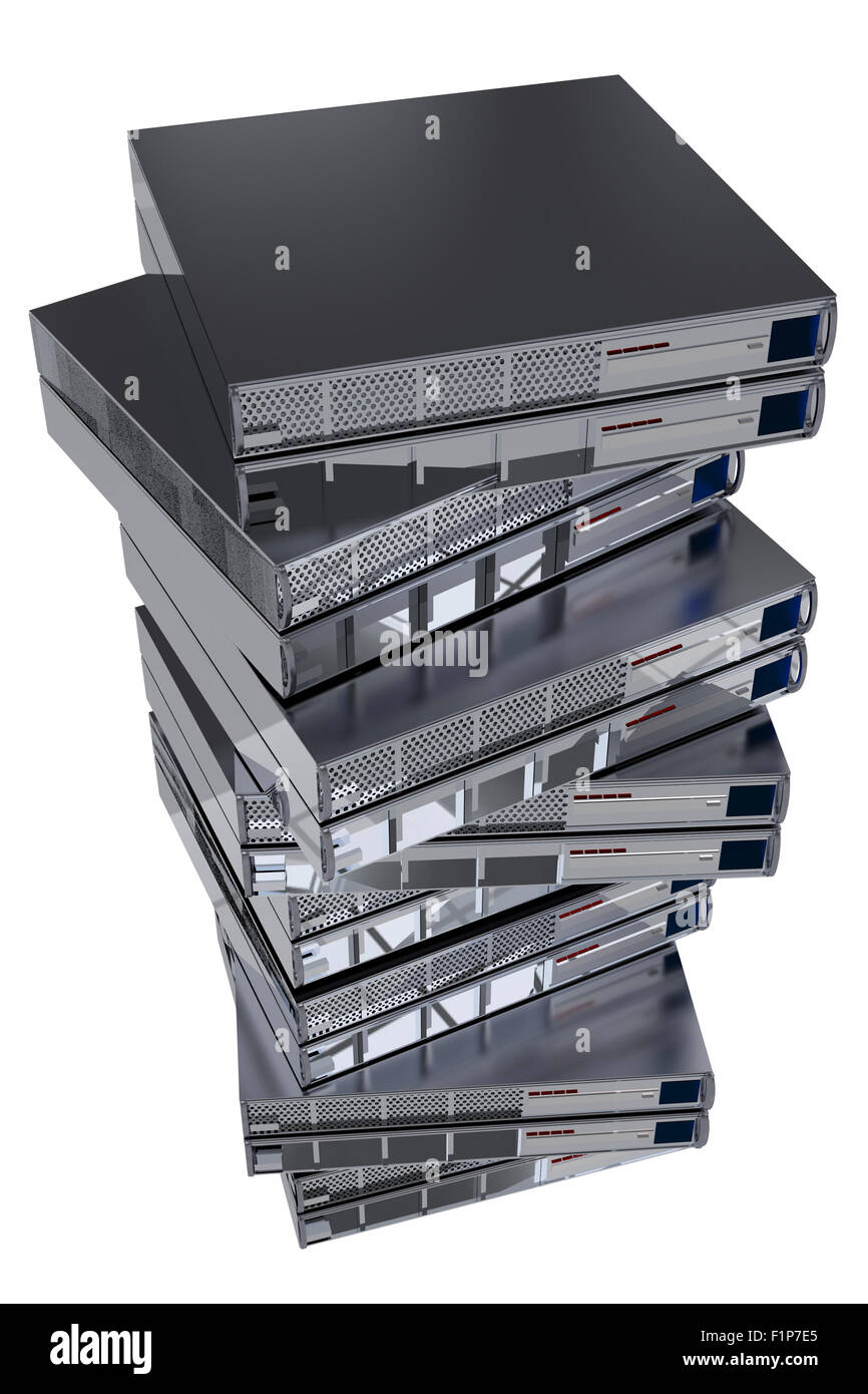 Server Mazzo. Alcune macchine Server sulla parte superiore di ogni altro. Server isolati su bianco. Foto Stock