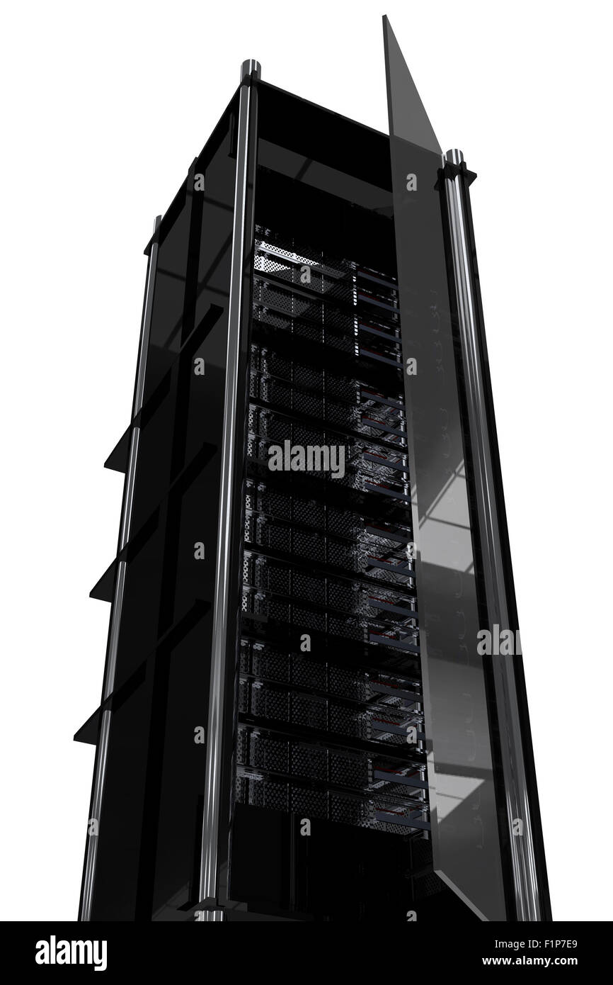 Torre di Hosting / Rack. Moderno nero scuro di server Rack con sportello in vetro Foto Stock