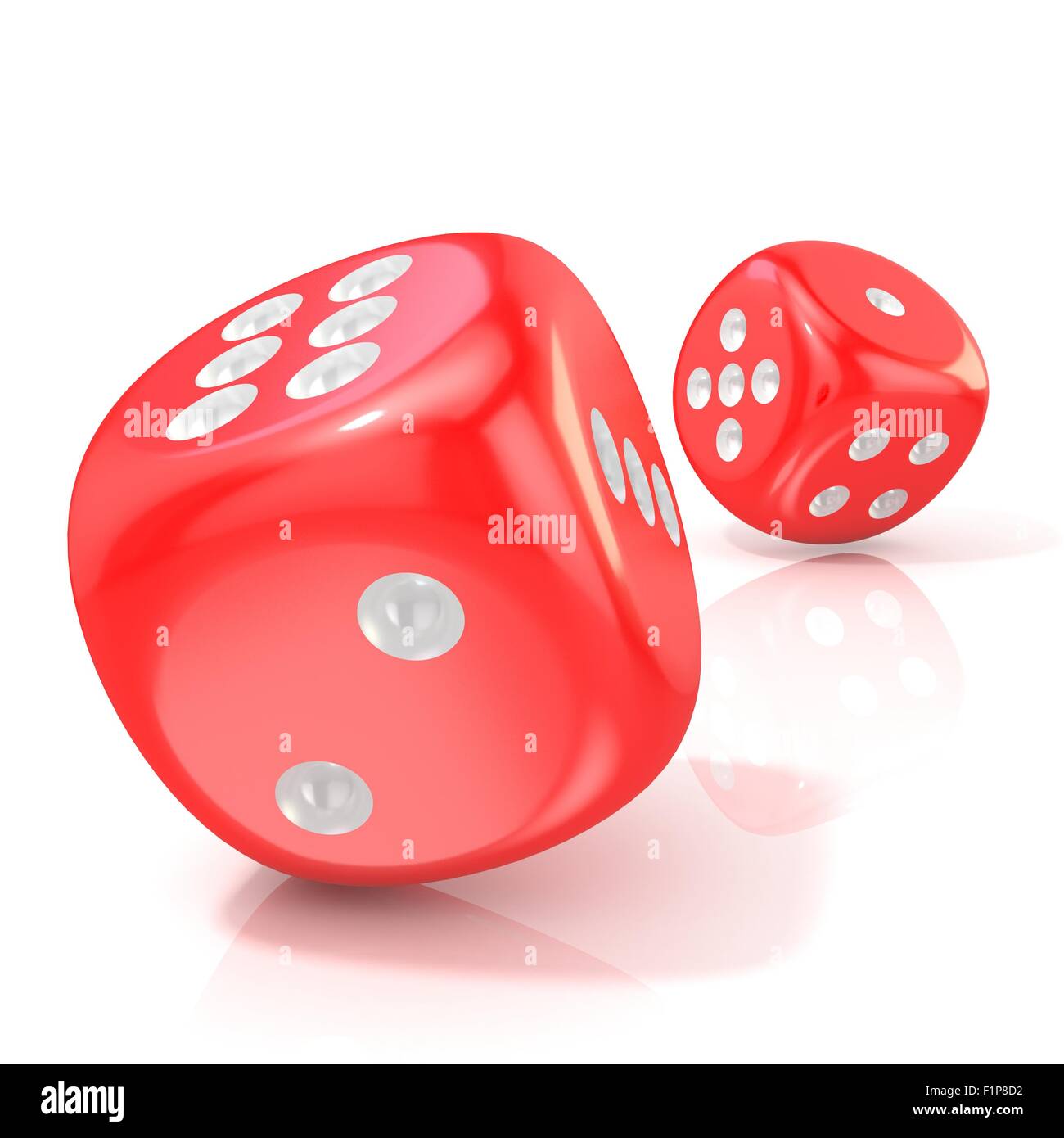 Due red gioco dadi. 3D render illustrazione isolati su sfondo bianco Foto Stock