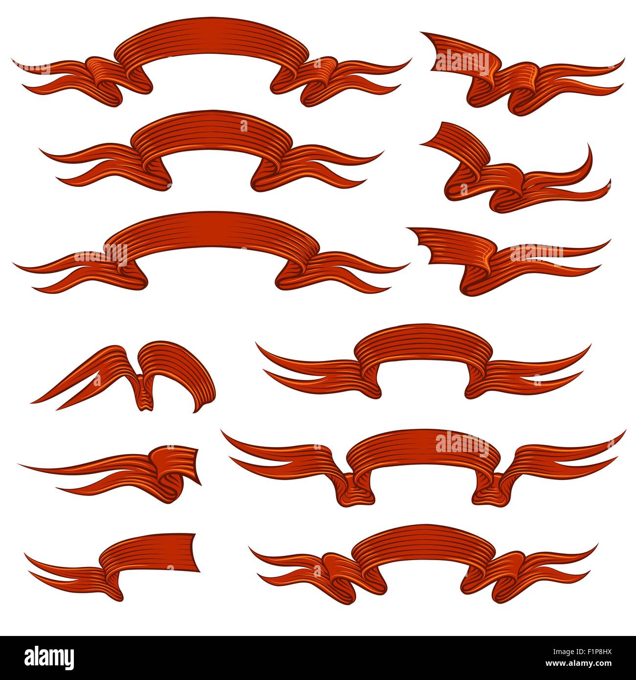 Vari in stile retrò Red Ribbon set. Isolato su sfondo bianco. Pronto per il tuo testo. Illustrazione Vettoriale