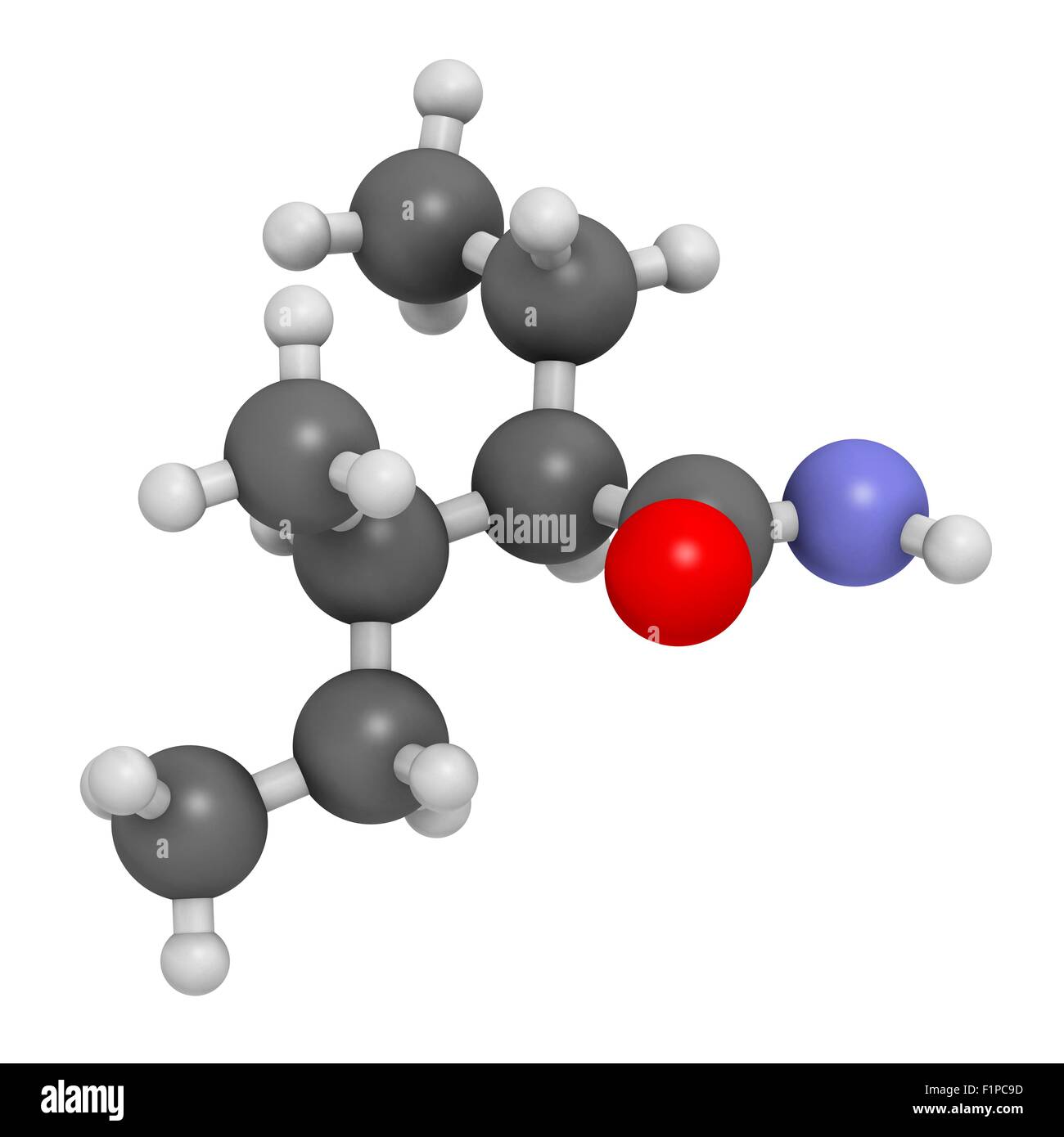 Valnoctamide farmaci sedativi molecola atomi sono rappresentati come sfere con i tradizionali colori: idrogeno (bianco) carbon Foto Stock