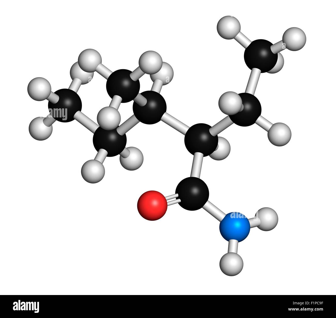 Valnoctamide farmaci sedativi molecola atomi sono rappresentati come sfere con i tradizionali colori: idrogeno (bianco) carbon Foto Stock