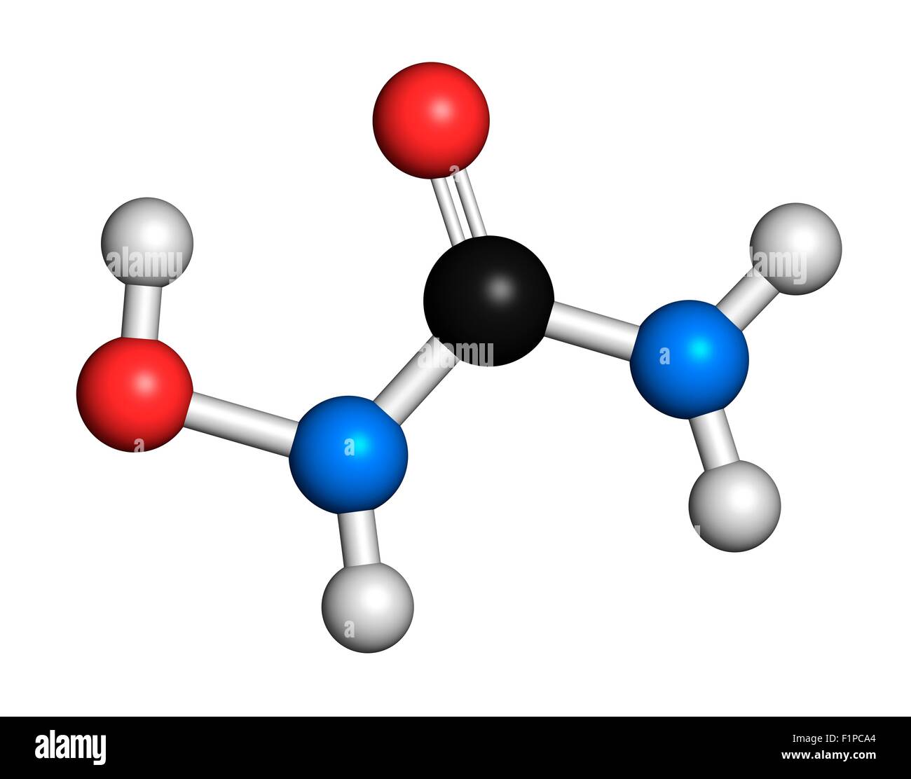 Idrossicarbammide cancro farmaco molecola atomi sono rappresentati come sfere con i tradizionali colori: idrogeno (bianco) carbon Foto Stock