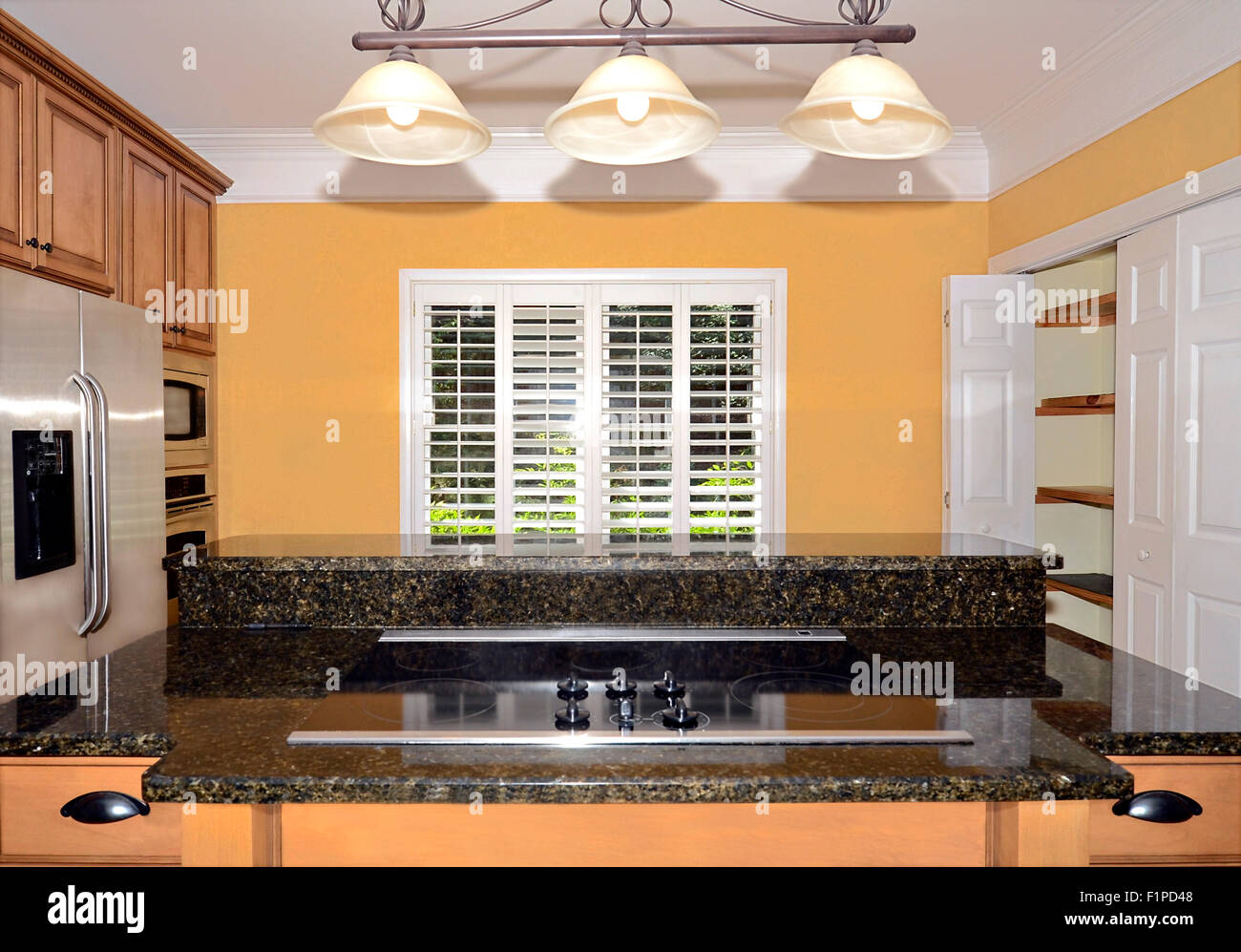 Il piano cottura e il contatore in una cucina che mostra una dispensa, frigorifero, armadietti e finestra con persiane. Le pareti presentano una leggera Foto Stock