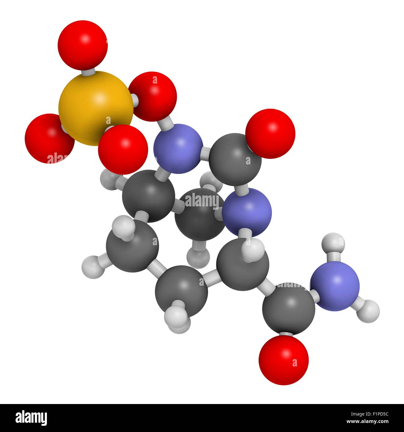 Avibactam molecola di farmaco beta-lattamasi inibitore somministrata in combinazione con antibiotici atomi sono rappresentati come sfere con Foto Stock