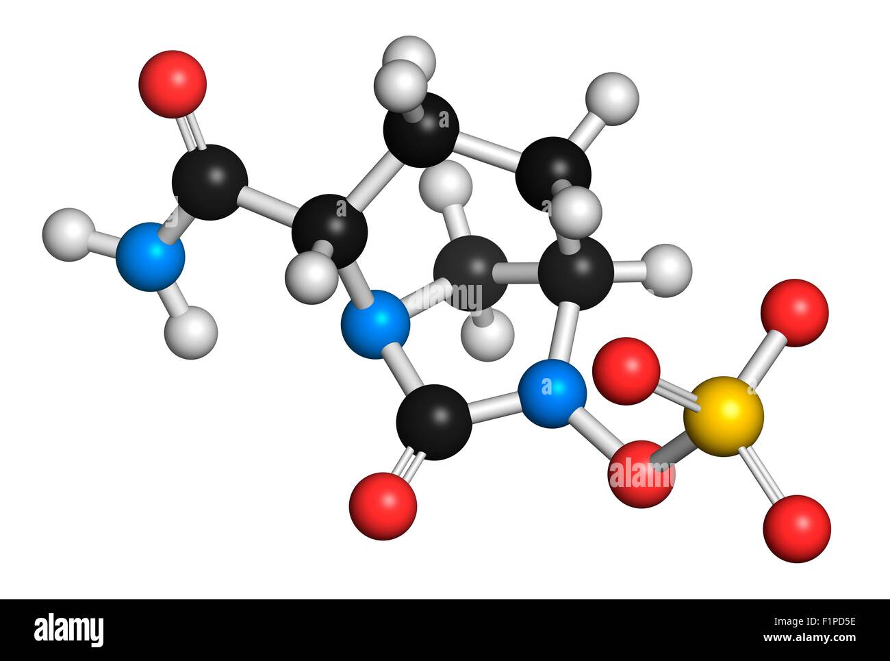 Avibactam molecola di farmaco beta-lattamasi inibitore somministrata in combinazione con antibiotici atomi sono rappresentati come sfere con Foto Stock